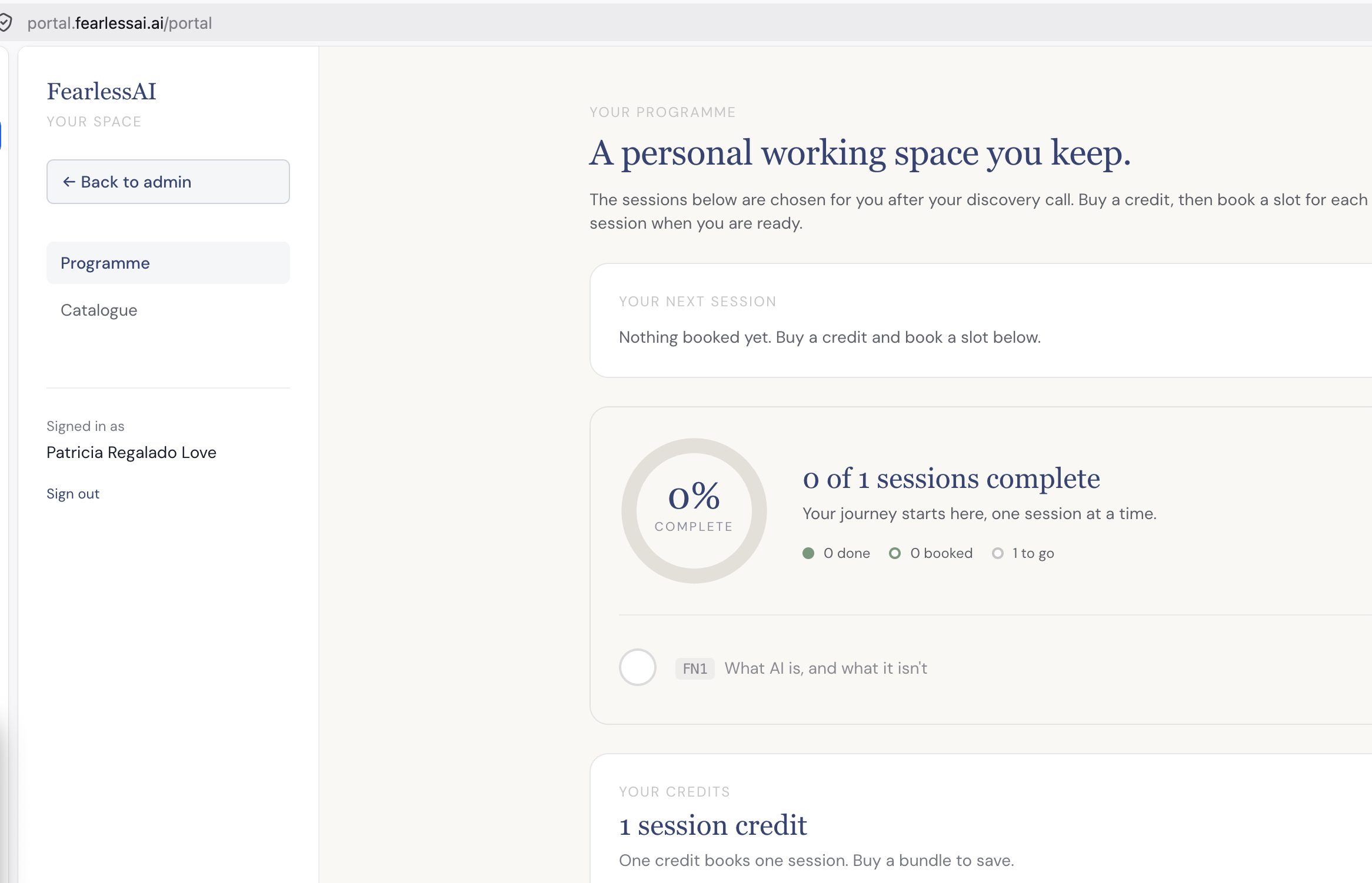 The FearlessAI client portal, showing a personal programme with sessions to book and track.