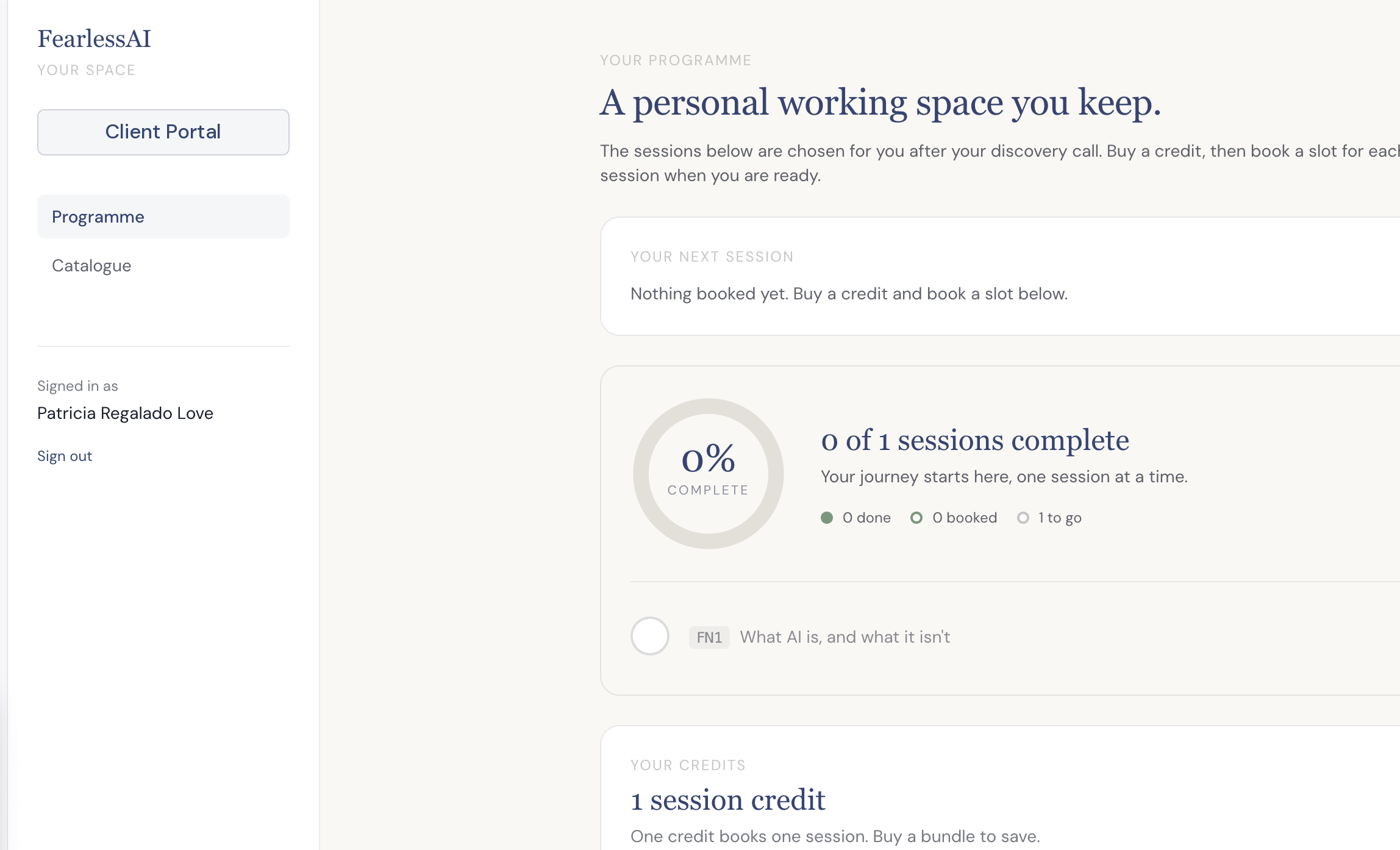 The FearlessAI client portal, showing a personal programme with sessions to book and track.